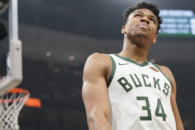 Milwaukee Bucks' Giannis Antetokounmpo reacts during the first half of Game 5 of the NBA Eastern Conference basketball playoff finals against the Toronto Raptors Thursday, May 23, 2019, in Milwaukee. (AP Photo/Morry Gash)