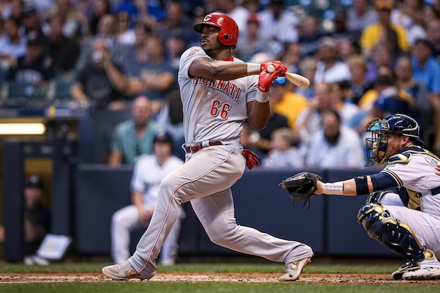 MILWAUKEE, WISCONSIN - JULY 22: Yasiel Puig #66 of the Cincinnati Reds grounds out in the fourth inning against the Milwaukee Brewers at Miller Park on July 22, 2019 in Milwaukee, Wisconsin. (Photo by Dylan Buell/Getty Images) MILWAUKEE, WISCONSIN - JULY 22: Yasiel Puig #66 of the Cincinnati Reds grounds out in the fourth inning against the Milwaukee Brewers at Miller Park on July 22, 2019 in Milwaukee, Wisconsin. (Photo by Dylan Buell/Getty Images)