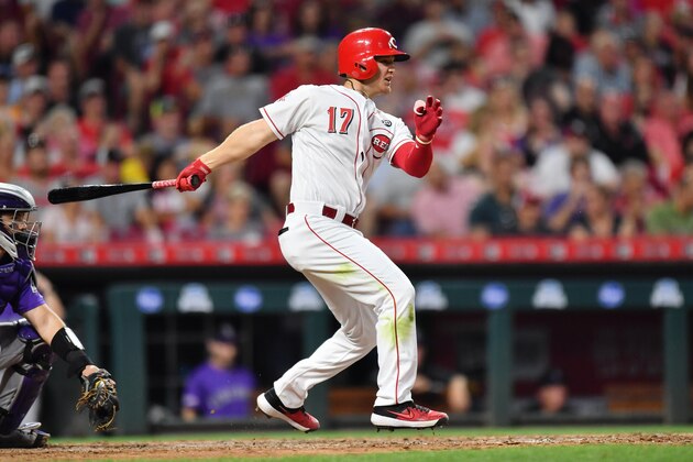 CINCINNATI, OH - JULY 27:  Josh VanMeter #17 of the Cincinnati Reds bats against the Colorado Rockies at Great American Ball Park on July 27, 2019 in Cincinnati, Ohio.  (Photo by Jamie Sabau/Getty Images)