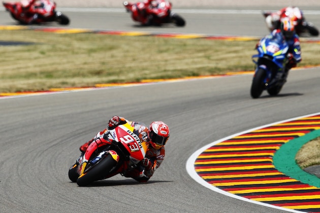HOHENSTEIN-ERNSTTHAL, GERMANY - JULY 07: Marc Marquez of Spain and Repsol Honda Team in action during the MotoGP of Germany at Sachsenring Circuit on July 07, 2019 in Hohenstein-Ernstthal, Germany. (Photo by Mark Wieland/Getty Images)