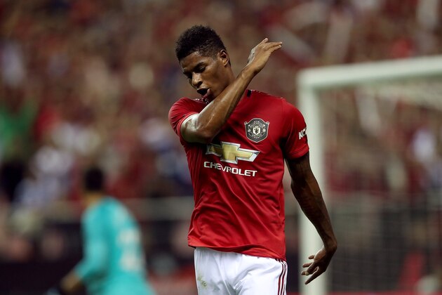 SHANGHAI, CHINA - JULY 25:  Marcus Rashford of Manchester United reacts during the International Champions Cup match between Tottenham Hotspur and Manchester United at the Shanghai Hongkou Stadium on July 25, 2019 in Shanghai, China.  (Photo by Lintao Zhang/International Champions Cup/Getty Images)