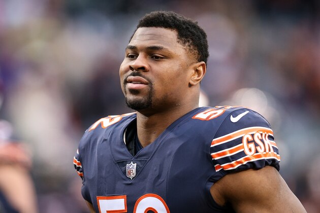 CHICAGO, ILLINOIS - JANUARY 06:  Khalil Mack #52 of the Chicago Bears walks across the field before the NFC Wild Card Playoff game against the Philadelphia Eagles  at Soldier Field on January 06, 2019 in Chicago, Illinois. (Photo by Dylan Buell/Getty Images)
