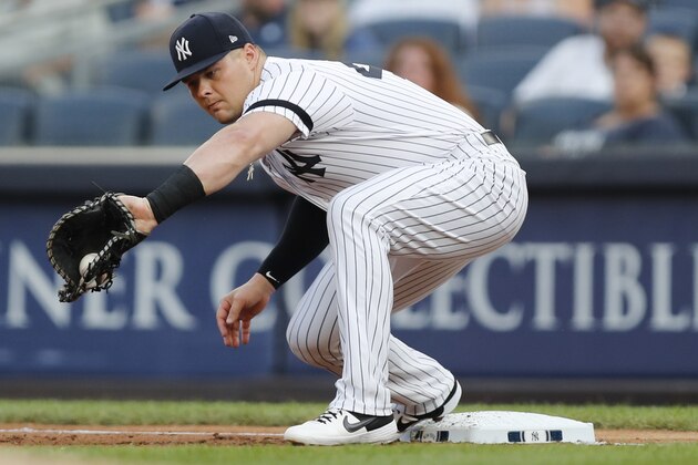 New York Yankees' first baseman Luke Voit reaches for the throw in a baseball game against the Tampa Bay Rays, Tuesday, July 16, 2019, in New York. (AP Photo/Kathy Willens)