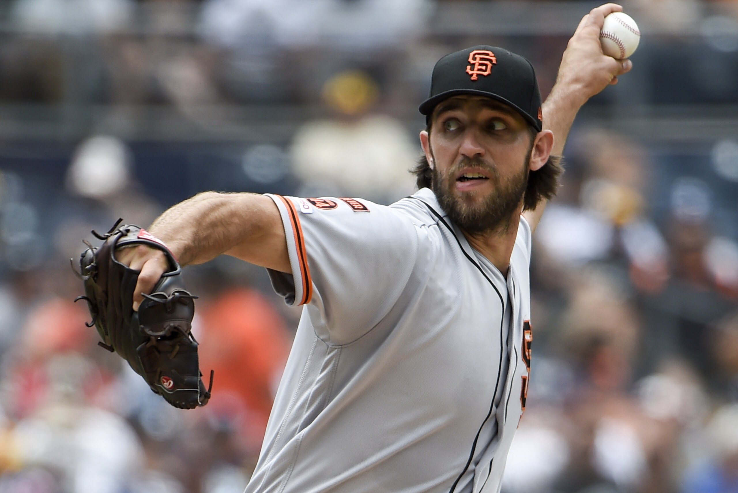 SAN DIEGO, CA - JULY 28: Madison Bumgarner #40 of the San Francisco Giants pitches during the second inning of a baseball game against the San Diego Padres at Petco Park July 28, 2019 in San Diego, California.  (Photo by Denis Poroy/Getty Images)