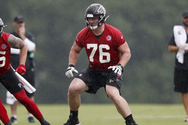 Atlanta Falcons rookie offensive tackle Kaleb McGary (76)during their NFL training camp football practice Tuesday, July 23, 2019, in Flowery Branch, Ga. (AP Photo/John Bazemore)