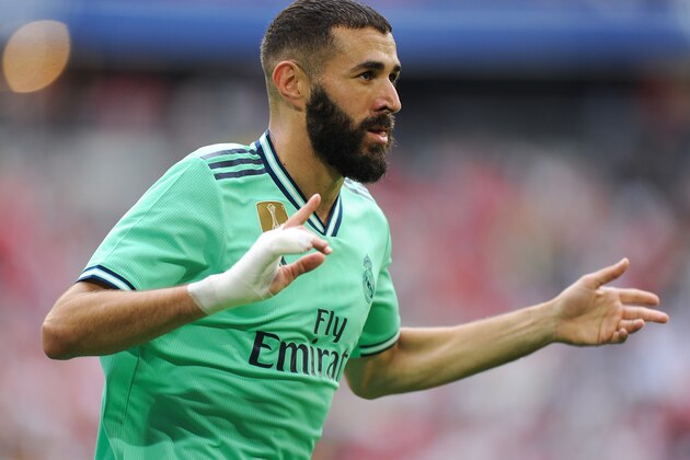 MUNICH, GERMANY - JULY 31: Karim Benzema of Real Madrid celebrates scoring a goal during the Audi cup 2019 3rd place match between Real Madrid and Fenerbahce at Allianz Arena on July 31, 2019 in Munich, Germany. (Photo by Norbert Barczyk/PressFocus/MB Media/Getty Images)