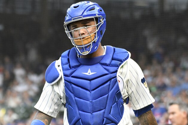 CHICAGO, ILLINOIS - JULY 16: Martin Maldonado #38 of the Chicago Cubs plays against the Cincinnati Reds during the first inning at Wrigley Field on July 16, 2019 in Chicago, Illinois. (Photo by David Banks/Getty Images)
