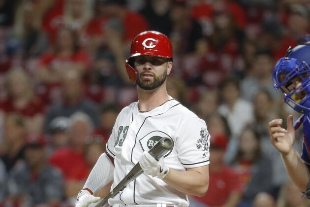 CORRECTS TO RELIEF PITCHER NOT STARTING PITCHER - Cincinnati Reds' Jesse Winker, left, reacts after striking out against Texas Rangers relief pitcher Drew Smyly in to close the ninth inning of a baseball game, Friday, June 14, 2019, in Cincinnati. (AP Photo/John Minchillo)