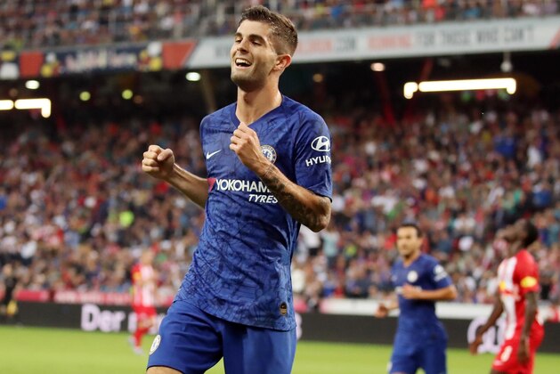 Chelsea's US forward Christian Pulisic celebrate scoring during the pre-season froendly football match between Red Bull Salzburg and Chelsea in Salzburg on July 31, 2019. (Photo by KRUGFOTO / APA / AFP) / Austria OUT        (Photo credit should read KRUGFOTO/AFP/Getty Images)