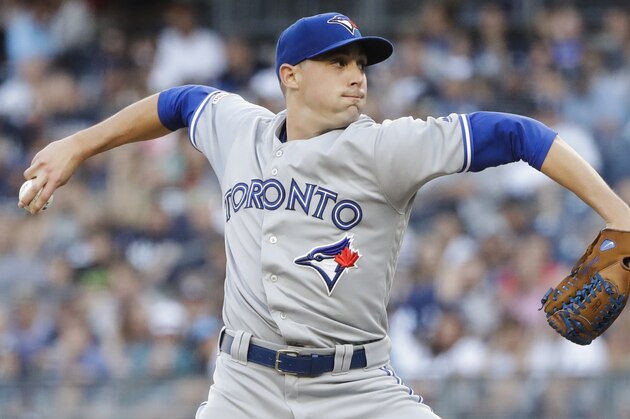 Toronto Blue Jays' Aaron Sanchez delivers a pitch during the first inning of a baseball game against the New York Yankees Friday, July 12, 2019, in New York. (AP Photo/Frank Franklin II)