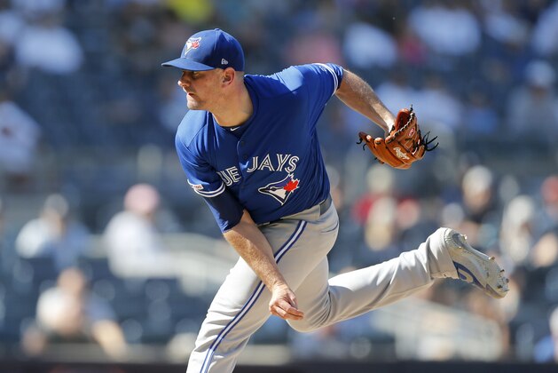 NEW YORK, NEW YORK - JUNE 26:  (NEW YORK DAILIES OUT)   Daniel Hudson #46 of the Toronto Blue Jays in action against the New York Yankees at Yankee Stadium on June 26, 2019 in New York City. The Yankees defeated the Blue Jays 8-7.
 (Photo by Jim McIsaac/Getty Images)