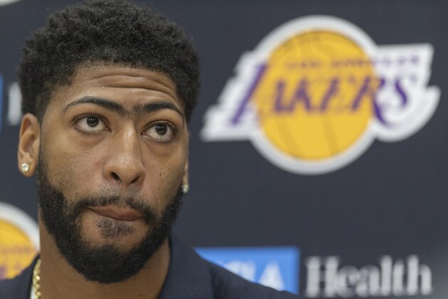 Los Angeles Lakers NBA basketball team introduces Anthony Davis at a news conference at the UCLA Health Training Center in El Segundo, Calif., Saturday, July 13, 2019 (AP Photo/Damian Dovarganes)