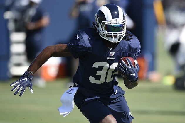 Los Angeles Rams running back Todd Gurley during an NFL football training camp in Irvine, Calif. Monday, July 29, 2019. (AP Photo/Kelvin Kuo)
