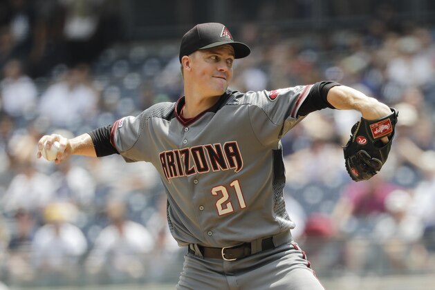 Arizona Diamondbacks' Zack Greinke delivers a pitch during the first inning of a baseball game against the New York Yankees Wednesday, July 31, 2019, in New York. (AP Photo/Frank Franklin II)