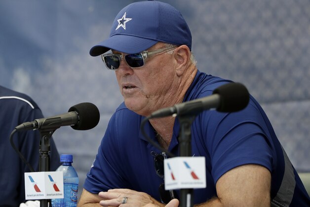 Dallas Cowboys Executive Vice President Stephen Jones, right, and owner Jerry Jones address the media during the