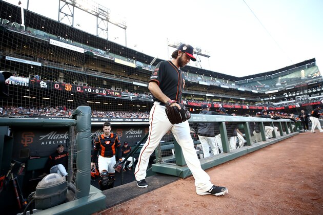 SAN FRANCISCO, CALIFORNIA - JULY 06:  Starting pitcher Madison Bumgarner #40 of the San Francisco Giants walks out of the dugout for their game against the St. Louis Cardinals at Oracle Park on July 06, 2019 in San Francisco, California. (Photo by Ezra Shaw/Getty Images)