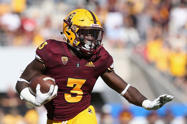 TEMPE, AZ - NOVEMBER 03:  Running back Eno Benjamin #3 of the Arizona State Sun Devils rushes the football against the Utah Utes during the first half of the college football game at Sun Devil Stadium on November 3, 2018 in Tempe, Arizona.  (Photo by Christian Petersen/Getty Images)