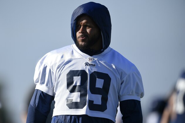 Los Angeles Rams defensive end Aaron Donald during an NFL football training camp in Irvine, Calif. Monday, July 29, 2019. (AP Photo/Kelvin Kuo)