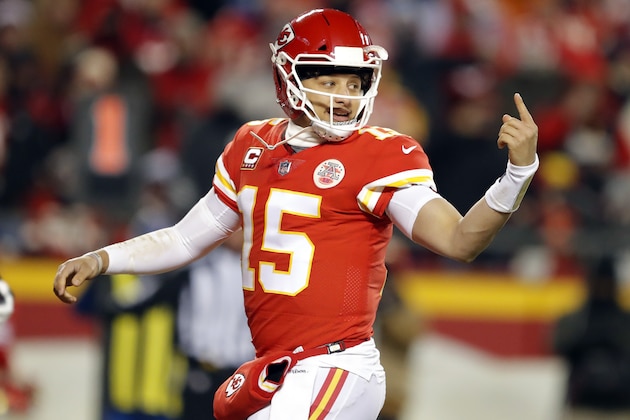 Kansas City Chiefs quarterback Patrick Mahomes (15) during the second half of the AFC Championship NFL football game, Sunday, Jan. 20, 2019, in Kansas City, Mo. (AP Photo/Charlie Neibergall)
