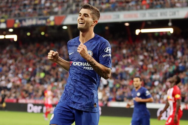 Chelsea's US forward Christian Pulisic celebrate scoring during the pre-season froendly football match between Red Bull Salzburg and Chelsea in Salzburg on July 31, 2019. (Photo by KRUGFOTO / APA / AFP) / Austria OUT        (Photo credit should read KRUGFOTO/AFP/Getty Images)