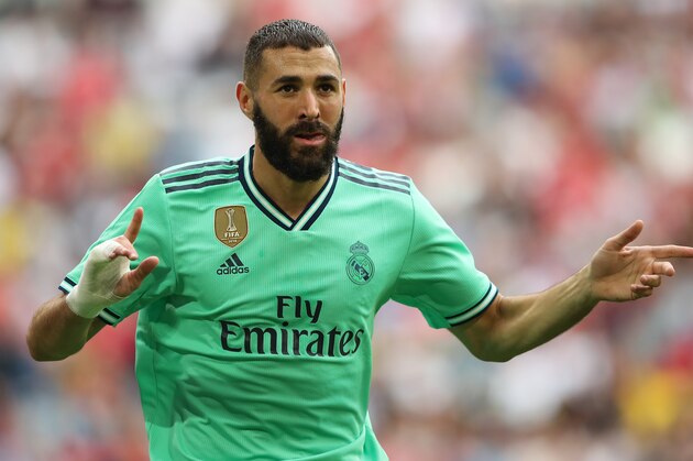 MUNICH, GERMANY - JULY 31: Karim Benzema of Real Madrid celebrates after scoring his team's first goal during the Audi cup 2019 3rd place match between Real Madrid and Fenerbahce at Allianz Arena on July 31, 2019 in Munich, Germany. (Photo by Christian Kaspar-Bartke/Getty Images for AUDI)