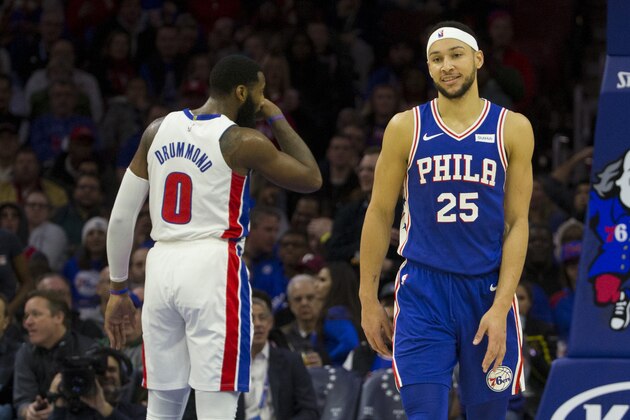 PHILADELPHIA, PA - DECEMBER 10: Ben Simmons #25 of the Philadelphia 76ers reacts in front of Andre Drummond #0 of the Detroit Pistons at the Wells Fargo Center on December 10, 2018 in Philadelphia, Pennsylvania. NOTE TO USER: User expressly acknowledges and agrees that, by downloading and or using this photograph, User is consenting to the terms and conditions of the Getty Images License Agreement. (Photo by Mitchell Leff/Getty Images)