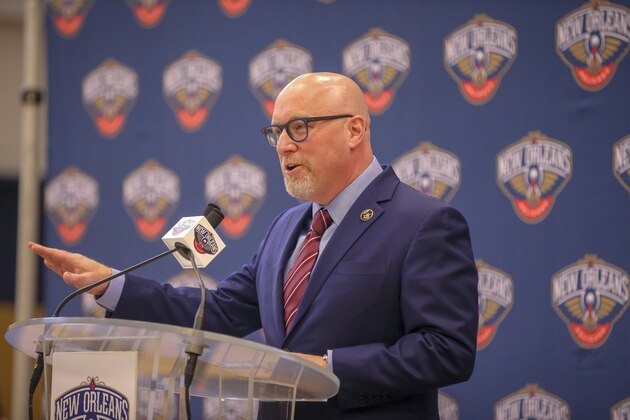 METAIRIE, LA - MARCH 14: David Griffin, Executive Vice President of Basketball Operations for the New Orleans Pelicans, talks to the media during an introductory press conference on April 17, 2019 at Ochsner Sports Performance Center in Metairie, Louisiana. NOTE TO USER: User expressly acknowledges and agrees that, by downloading and or using this Photograph, user is consenting to the terms and conditions of the Getty Images License Agreement. Mandatory Copyright Notice: Copyright 2019 NBAE (Photo by Layne Murdoch Jr./NBAE via Getty Images)