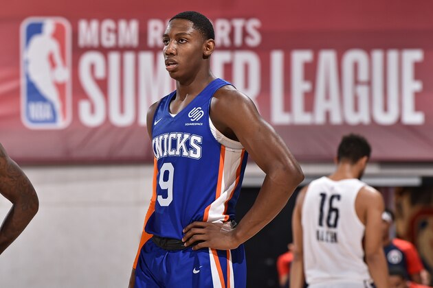 LAS VEGAS, NV - JULY 13: RJ Barrett #9 of the New York Knicks looks on during the game against the Washington Wizardson July 13, 2019 at the Cox Pavilion in Las Vegas, Nevada. NOTE TO USER: User expressly acknowledges and agrees that, by downloading and/or using this photograph, user is consenting to the terms and conditions of the Getty Images License Agreement. Mandatory Copyright Notice: Copyright 2019 NBAE (Photo by David Dow/NBAE via Getty Images)