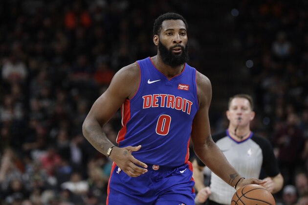Detroit Pistons center Andre Drummond (0) during the first half of an NBA basketball game against the San Antonio Spurs, in San Antonio, Thursday, Feb. 28, 2019. (AP Photo/Eric Gay)