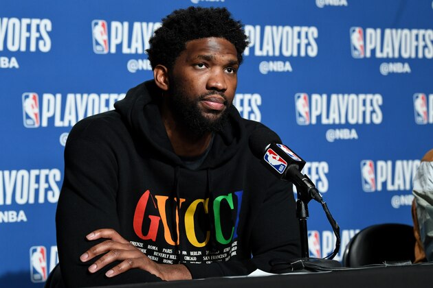 TORONTO, CANADA - MAY 12: Joel Embiid #21 of the Philadelphia 76ers speaks with the media after Game Seven of the Eastern Conference Semi-Finals of the 2019 NBA Playoffs against the Toronto Raptors on May 12, 2019 at the Scotiabank Arena in Toronto, Ontario, Canada.  NOTE TO USER: User expressly acknowledges and agrees that, by downloading and or using this Photograph, user is consenting to the terms and conditions of the Getty Images License Agreement.  Mandatory Copyright Notice: Copyright 2019 NBAE (Photo by Ron Turenne/NBAE via Getty Images)