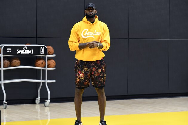 EL SEGUNDO, CALIFORNIA - JULY 13: LeBron James attends the press conference where Anthony Davis is introduced as the newest player of the Los Angeles Lakers during a press conference at UCLA Health Training Center on July 13, 2019 in El Segundo, California. NOTE TO USER: User expressly acknowledges and agrees that, by downloading and/or using this Photograph, user is consenting to the terms and conditions of the Getty Images License Agreement. (Photo by Kevork Djansezian/Getty Images)