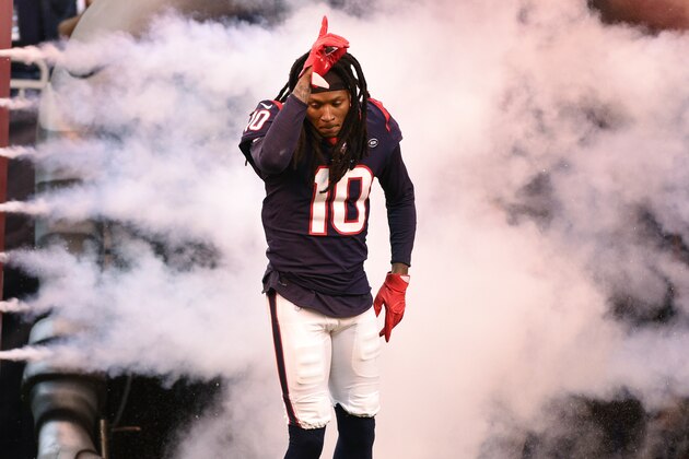 Houston Texans wide receiver DeAndre Hopkins (10) before an NFL wild card playoff football game, Saturday, Jan. 5, 2019, in Houston. (AP Photo/Eric Christian Smith)