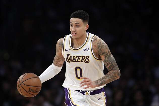 Los Angeles Lakers' Kyle Kuzma during an NBA basketball game Sunday, March 24, 2019, in Los Angeles. (AP Photo/Marcio Jose Sanchez)
