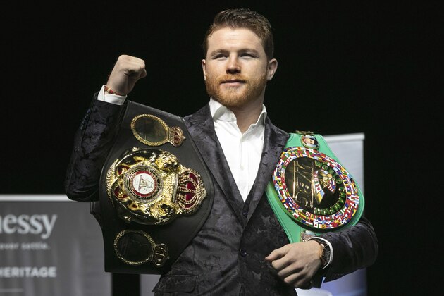 Boxer Canelo Alvarez poses for photos at Madison Square Garden in New York, Wednesday, Oct. 17, 2018. He will meet Rocky Fielding in a 12-round, super middleweight bout Dec. 15, 2018. (AP Photo/Richard Drew)