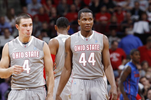 COLUMBUS, OH - NOVEMBER 15: William Buford #44 and Aaron Craft #4 of the Ohio State Buckeyes look on during the game against the Florida Gators at Value City Arena on November 15, 2011 in Columbus, Ohio. Ohio State won 81-74. (Photo by Joe Robbins/Getty Images)