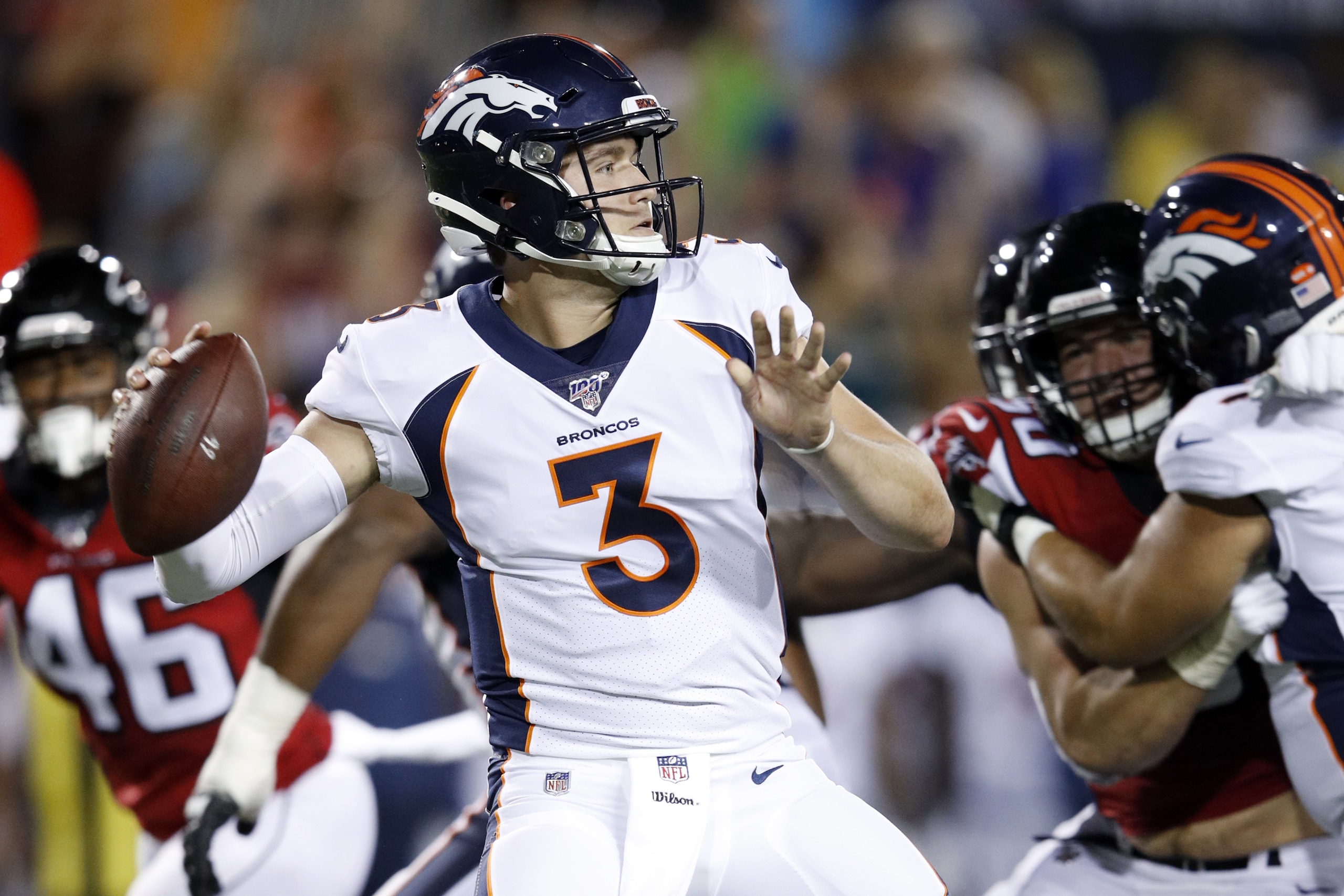 CANTON, OH - AUGUST 01: Drew Lock #3 of the Denver Broncos throws a pass in the first half of a preseason game against the Atlanta Falcons at Tom Benson Hall Of Fame Stadium on August 1, 2019 in Canton, Ohio. (Photo by Joe Robbins/Getty Images) CANTON, OH - AUGUST 01: Drew Lock #3 of the Denver Broncos throws a pass in the first half of a preseason game against the Atlanta Falcons at Tom Benson Hall Of Fame Stadium on August 1, 2019 in Canton, Ohio. (Photo by Joe Robbins/Getty Images)