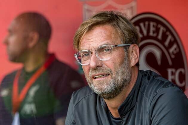 GENEVA, SWITZERLAND - JULY 31: Head Coach Jurgen Klopp of Liverpool FC looks on during the Pre-Season Friendly match between Liverpool FC and Olympique Lyonnais at Stade de Geneve on July 31, 2019 in Geneva, Switzerland. (Photo by RvS.Media/Robert Hradil/Getty Images)