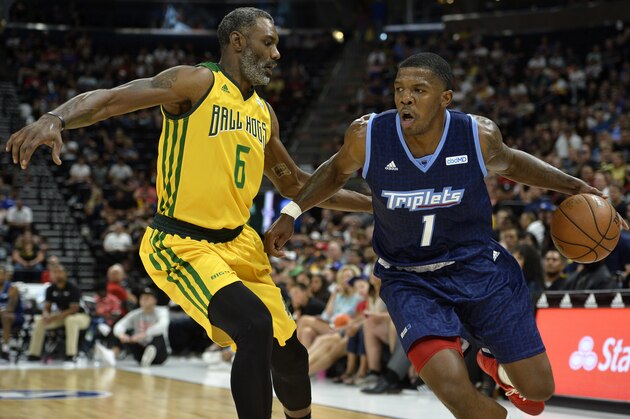SALT LAKE CITY, UTAH - JULY 27: Qyntel Woods #6 of the Ball Hogs tries to defend Joe Johnson #1 of the Triplets during week six of the BIG3 three on three basketball league at Vivint Smart Home Arena on July 27, 2019 in Salt Lake City, Utah. (Photo by  Alex Goodlett/BIG3 via Getty Images)