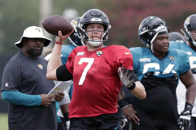 Jacksonville Jaguars quarterback Nick Foles (7) throws a pass during an NFL football practice at the teams training facility, Thursday, Aug. 1, 2019, in Jacksonville, Fla. (AP Photo/John Raoux)