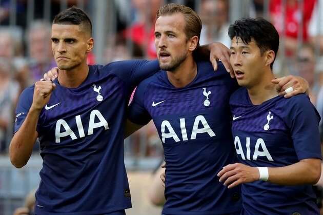 MUNICH, GERMANY - JULY 30: Harry Kane (C) of Tottenham Hotspur celebrates after scoring his team's first goal with team mates Erik Lamela (L) and Heung-Min Son during the Audi cup 2019 semi final match between Real Madrid and Tottenham Hotspur at Allianz Arena on July 30, 2019 in Munich, Germany. (Photo by Alexander Hassenstein/Getty Images for AUDI)