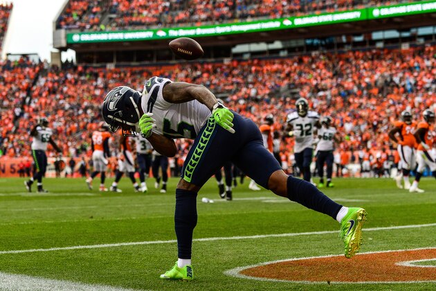 DENVER, CO - SEPTEMBER 9:  Wide receiver Brandon Marshall #15 of the Seattle Seahawks celebrates after scoring a touchdown against the Denver Broncos in the third quarter of a game at Broncos Stadium at Mile High on September 9, 2018 in Denver, Colorado. (Photo by Dustin Bradford/Getty Images)