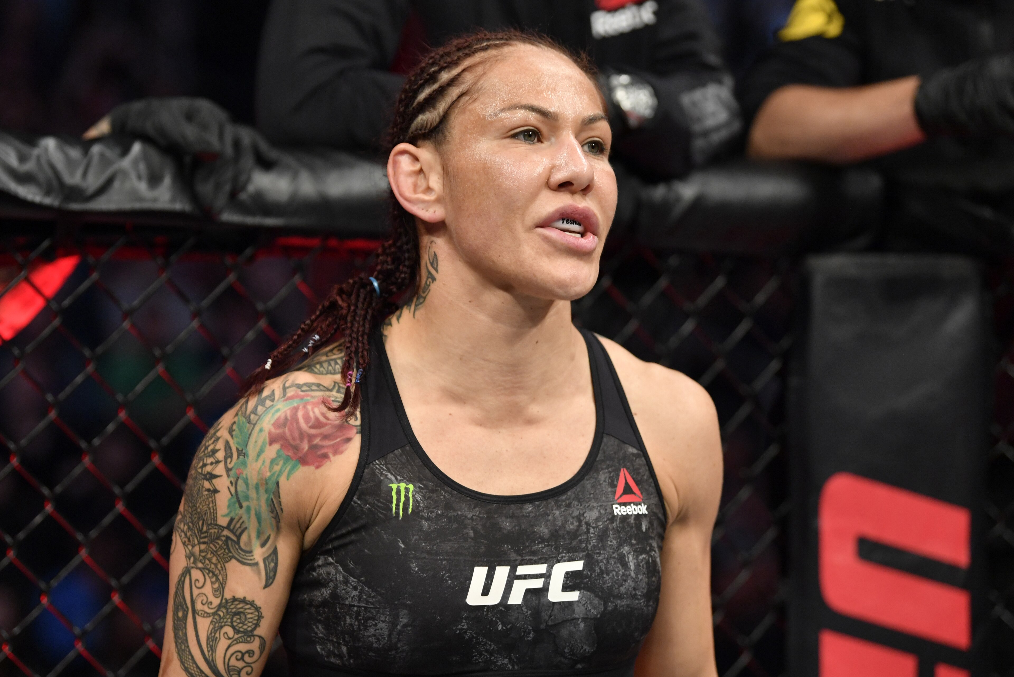 EDMONTON, ALBERTA - JULY 27:   Cris Cyborg of Brazil prepares to fight Felicia Spencer of Canada in their featherweight bout during the UFC 240 event at Rogers Place on July 27, 2019 in Edmonton, Alberta, Canada. (Photo by Jeff Bottari/Zuffa LLC/Zuffa LLC)