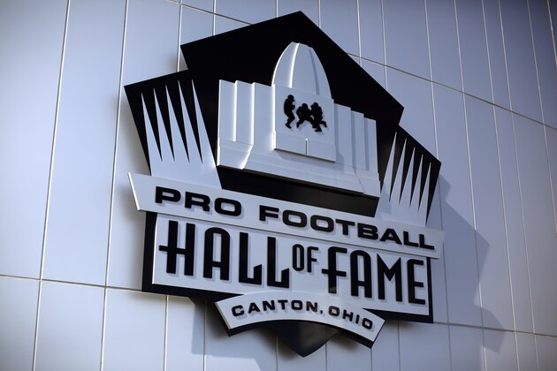 This is the logo of the Pro Football Hall of Fame on the side of the Pro Football Hall of Fame in Canton, Ohio, Friday, Aug. 7, 2015. (AP Photo/Gene J. Puskar)