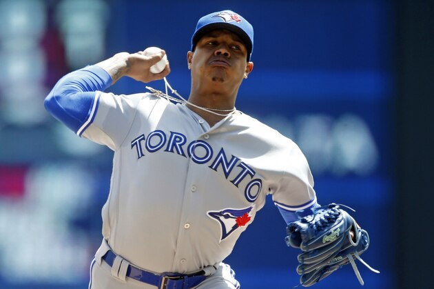 Toronto Blue Jays' pitcher Marcus Stroman throws against the Minnesota Twins in the first inning of a baseball game Wednesday, May 2, 2018, in Minneapolis. (AP Photo/Jim Mone)