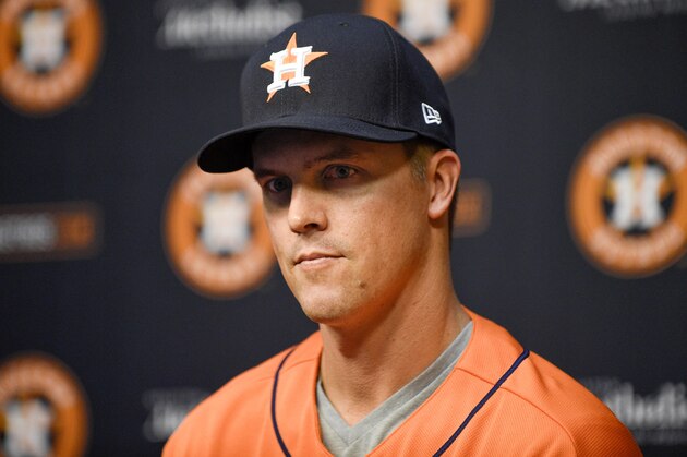 Houston Astros pitcher Zack Greinke speaks to the media during a press conference before a baseball game between the Houston Astros and the Seattle Mariners, Friday, Aug. 2, 2019, in Houston. Greinke was acquired via a trade with the Arizona Diamondbacks on July 31. (AP Photo/Eric Christian Smith)