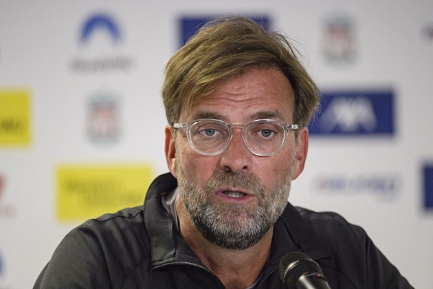 GENEVA, SWITZERLAND - JULY 31: Jurgen Klopp Liverpool Head Coach talks at press conference room during the Pre-Season Friendly match between Liverpool FC and Olympique Lyonnais at Stade de Geneve on July 31, 2019 in Geneva, Switzerland. (Photo by Eurasia Sport Images/Getty Images)