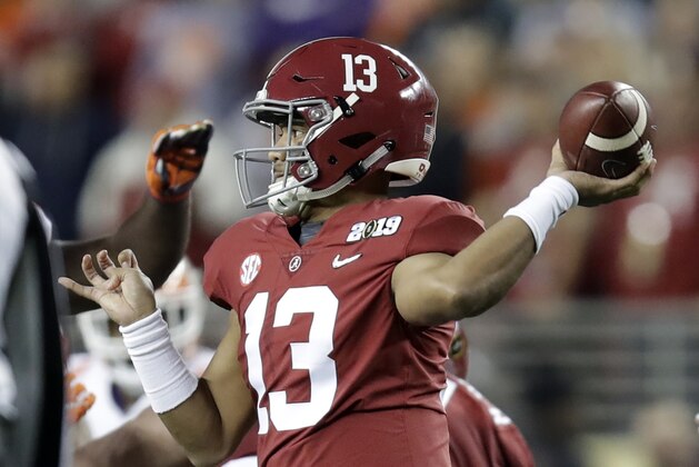 Alabama's Tua Tagovailoa throws during the first half the NCAA college football playoff championship game against Clemson, Monday, Jan. 7, 2019, in Santa Clara, Calif. (AP Photo/Ben Margot)