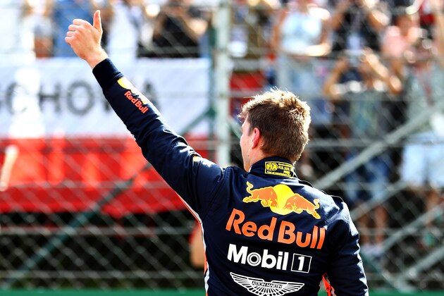 BUDAPEST, HUNGARY - AUGUST 03: Pole position qualifier Max Verstappen of Netherlands and Red Bull Racing celebrates in parc ferme during qualifying for the F1 Grand Prix of Hungary at Hungaroring on August 03, 2019 in Budapest, Hungary. (Photo by Mark Thompson/Getty Images)