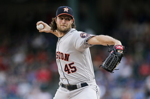 Houston Astros starting pitcher Gerrit Cole throws during the first inning of a baseball game against the Texas Rangers, Friday, July 12, 2019, in Arlington, Texas. (AP Photo/Brandon Wade)