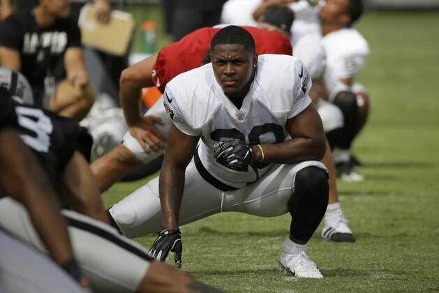 Oakland Raiders running back Josh Jacobs (28) during NFL football training camp Monday, July 29, 2019, in Napa, Calif. (AP Photo/Eric Risberg)